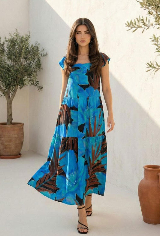 Azure Mirage Abstract Flowy Maxi Dress