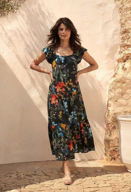 Midnight Botanical Print Midi Dress